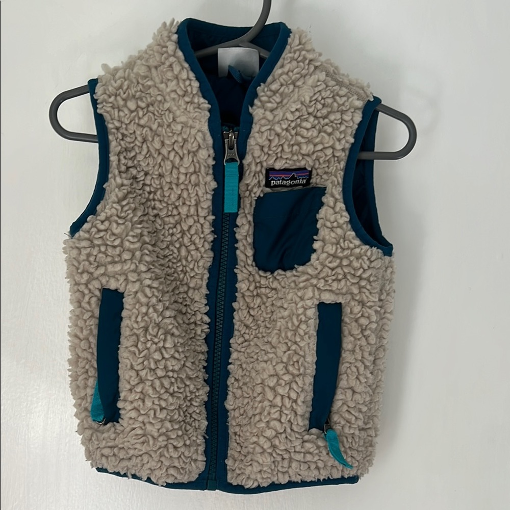 Patagonia Cream Sherpa Vest with Teal Trim